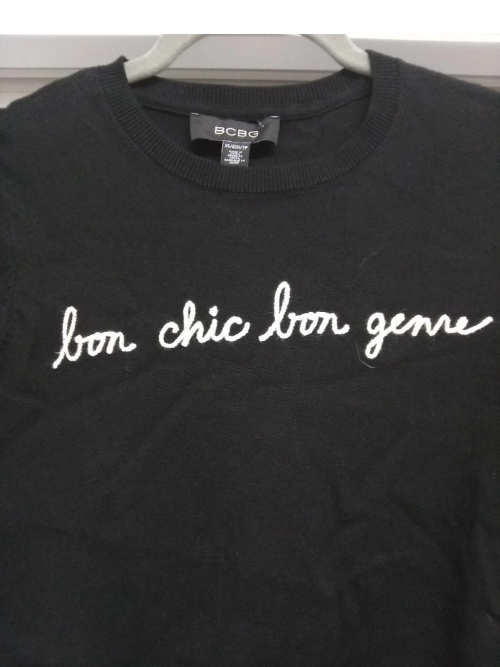 BCBG Black Crewneck Sweater with White Script Bon Chic Women's Size XS New